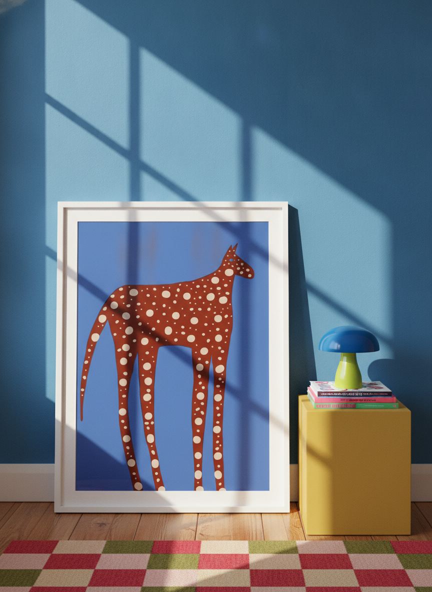 Modern wall art print standing on a side table in a colourful eclectic bedroom