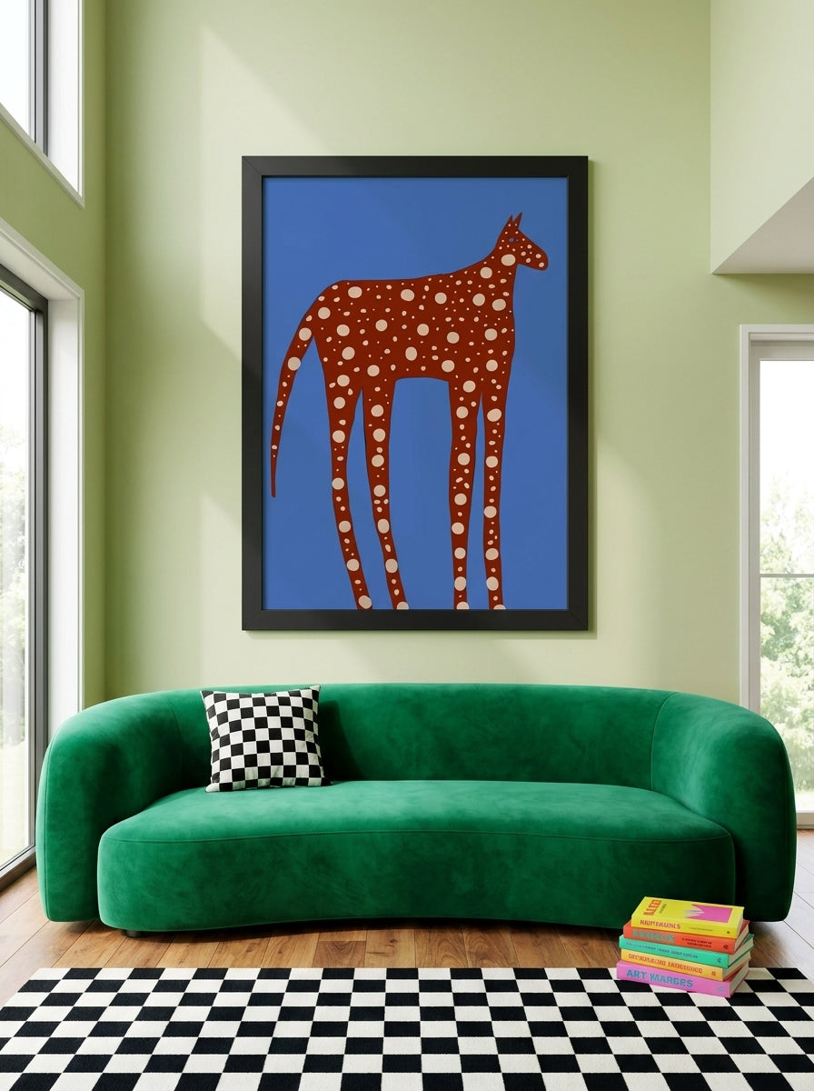 Oversized statement modern wall art print styled on the wall in a colourful eclectic living room