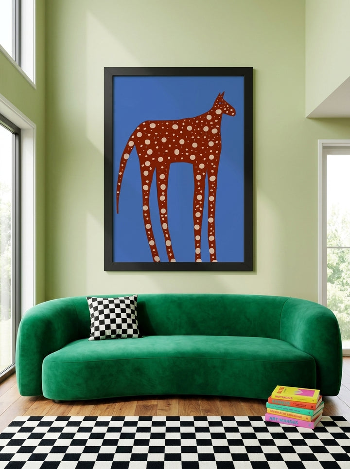 Oversized statement modern wall art print styled on the wall in a colourful eclectic living room