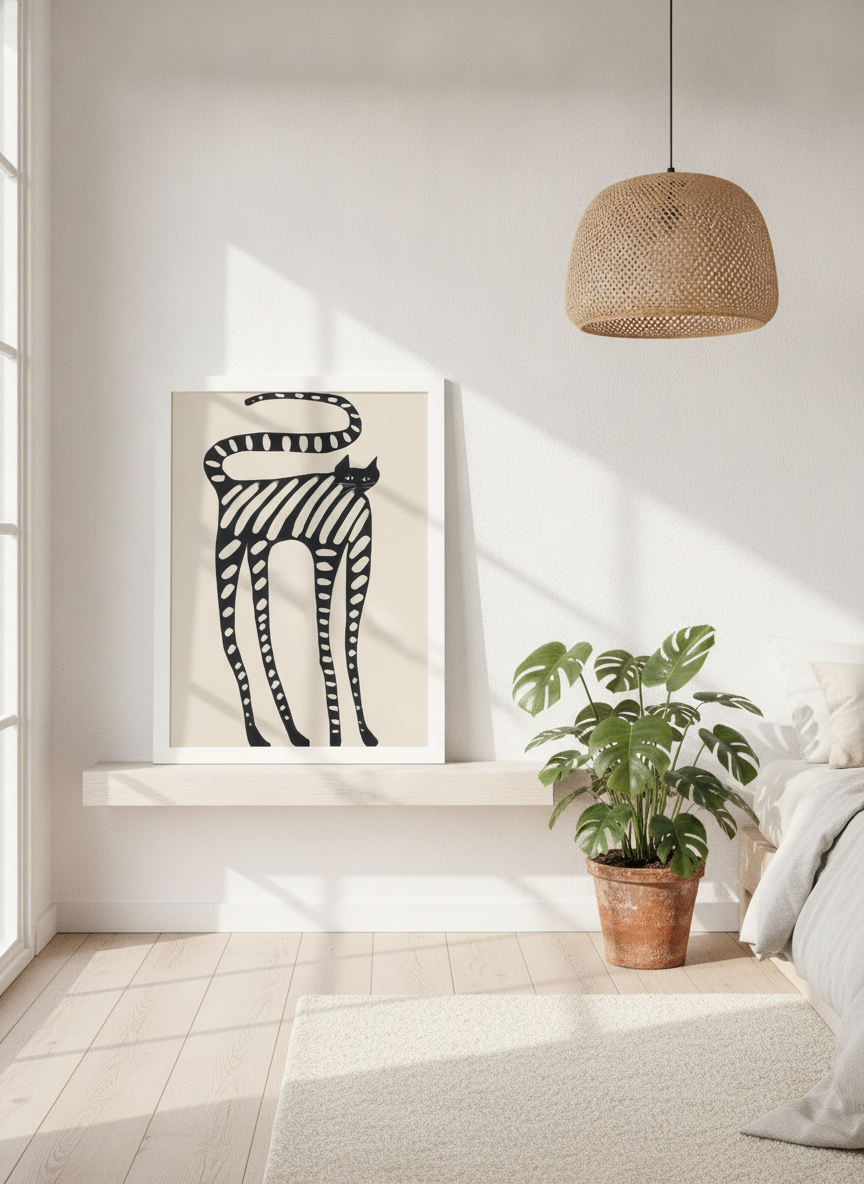Modern wall art print standing on a shelf in a bright Scandinavian bedroom