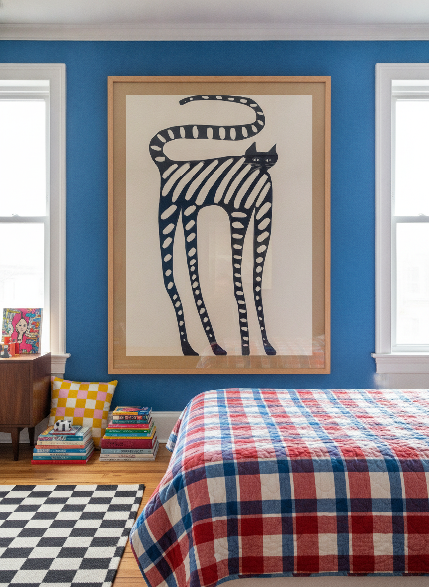 Oversized statement modern wall art print styled on the wall in a colourful eclectic bedroom