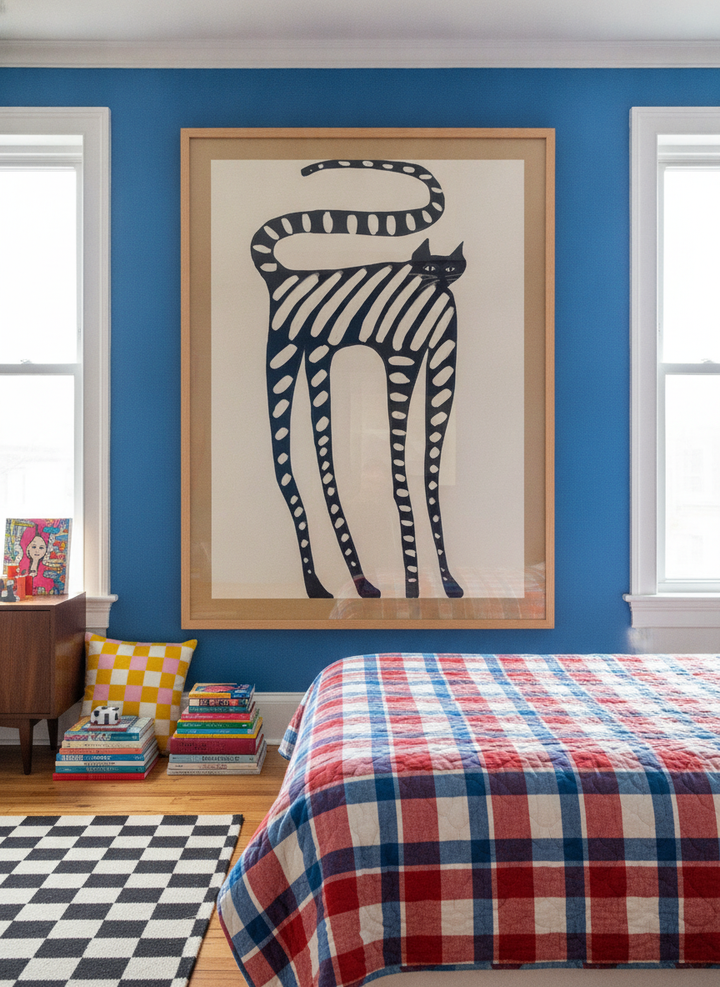 Oversized statement modern wall art print styled on the wall in a colourful eclectic bedroom