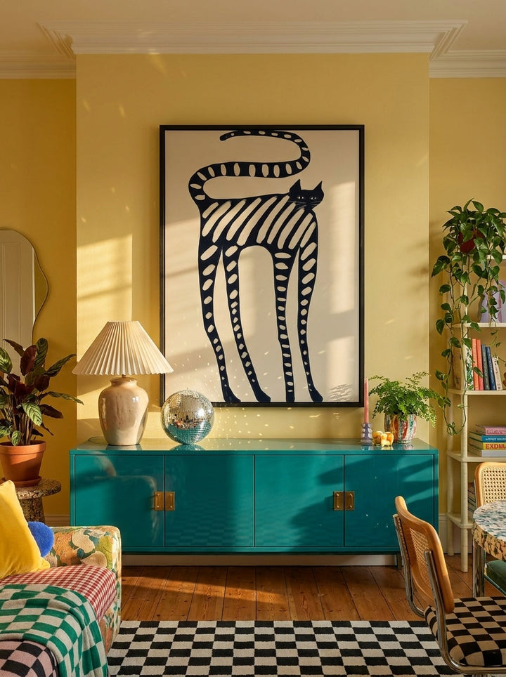 Oversized statement modern wall art print styled on the wall in a colourful eclectic living room
