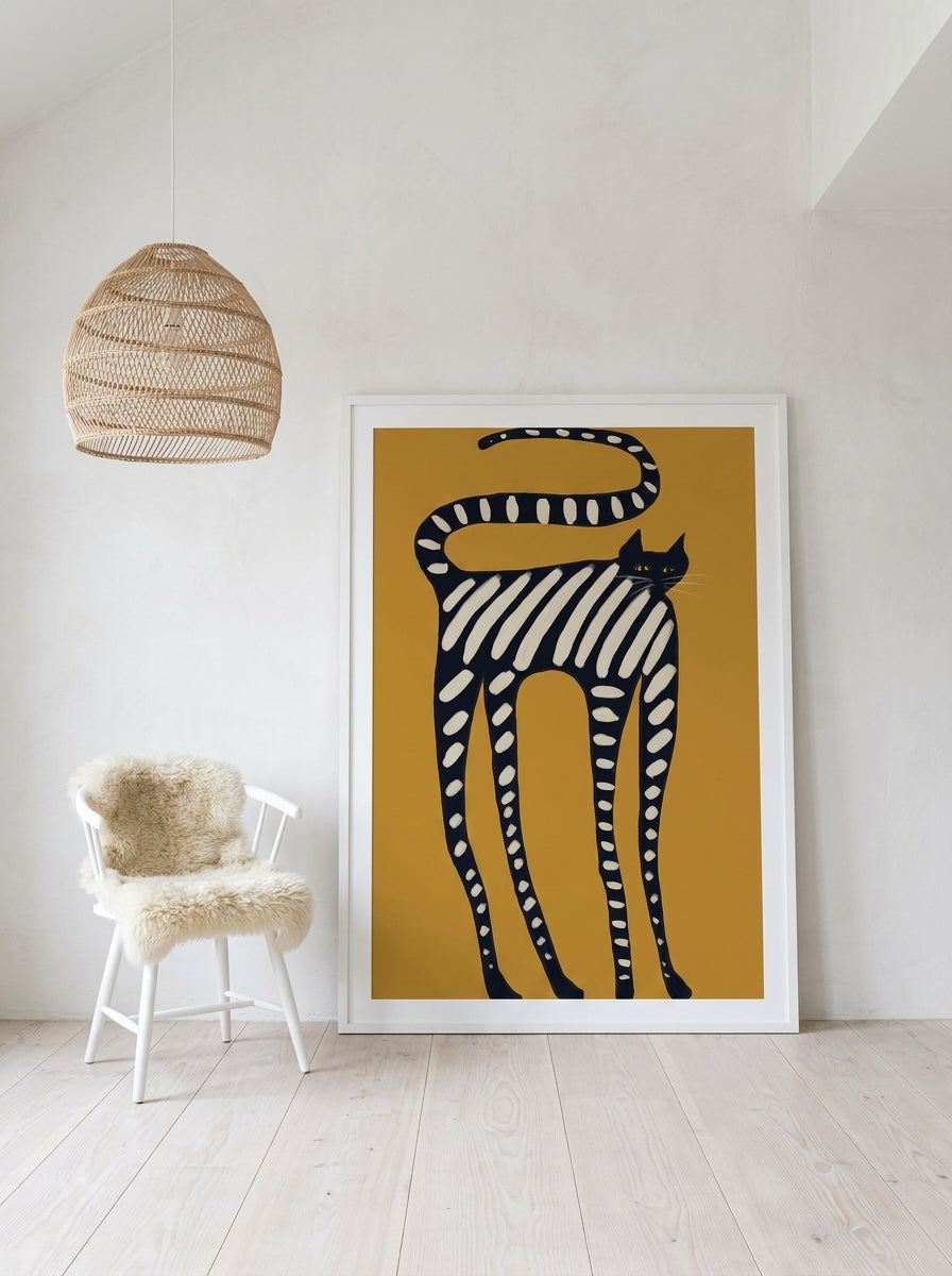 Oversized statement modern wall art print leaning against the wall in a bright Scandinavian living room