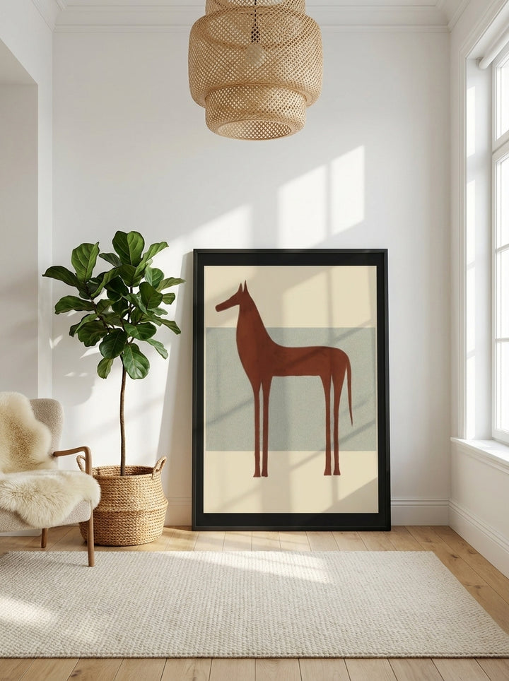 Oversized statement modern wall art print leaning against the wall in a bright Scandinavian bedroom