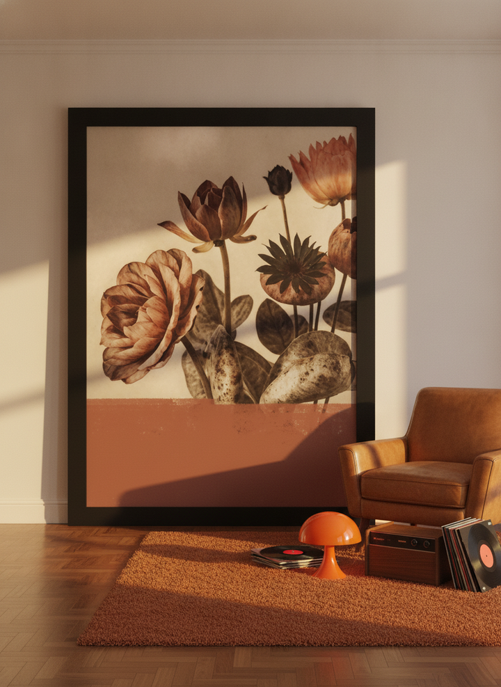 Oversized statement modern wall art print leaning against the wall in a retro 70s living room