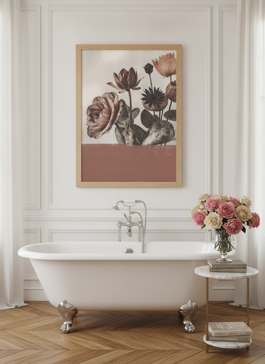 Modern wall art print styled on the wall in a Parisian bathroom