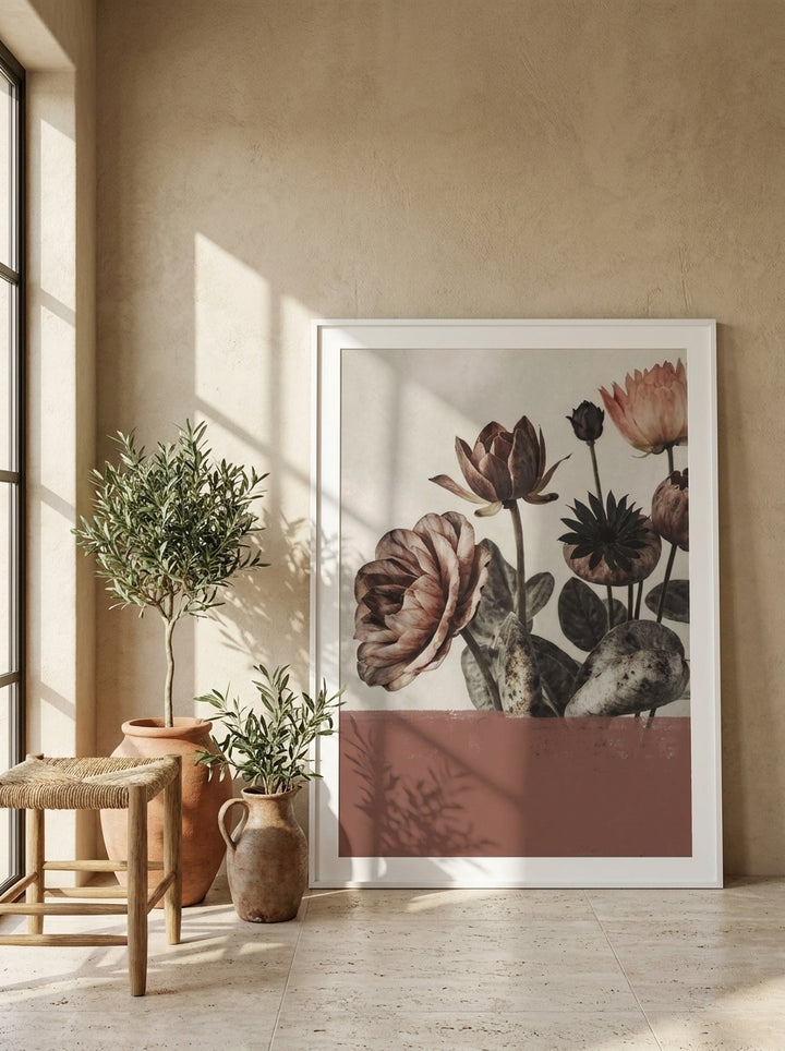 Oversized statement modern wall art print leaning against the wall in a Mediterranean dining room