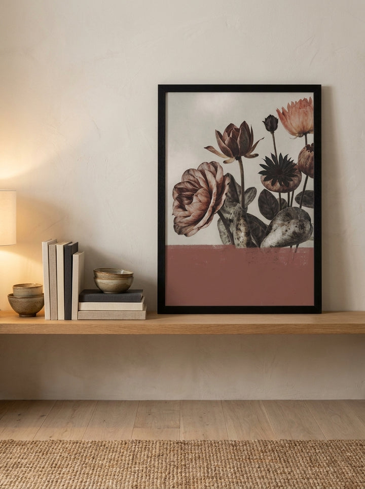 Modern wall art print standing on a shelf in a warm Japandi bedroom