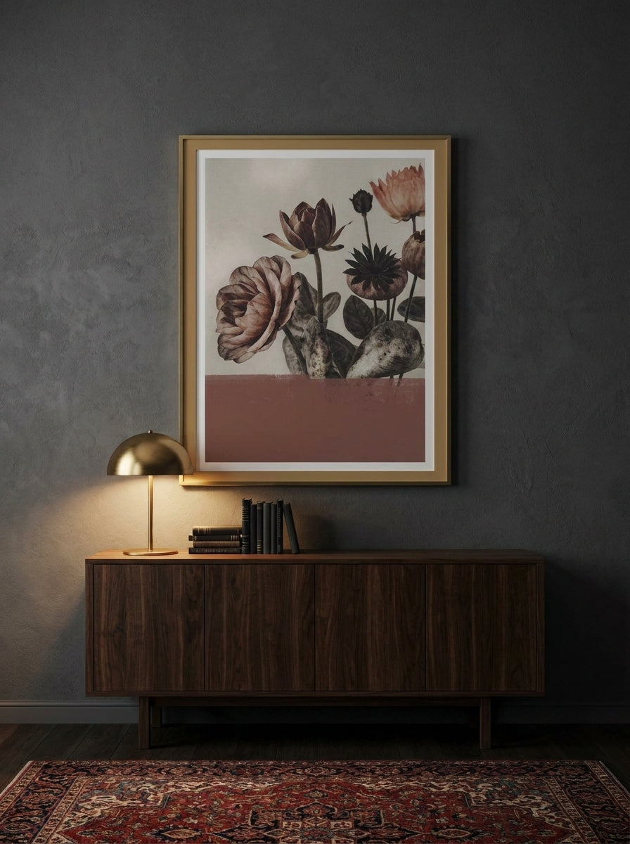 Modern wall art print styled on the wall in a moody living room