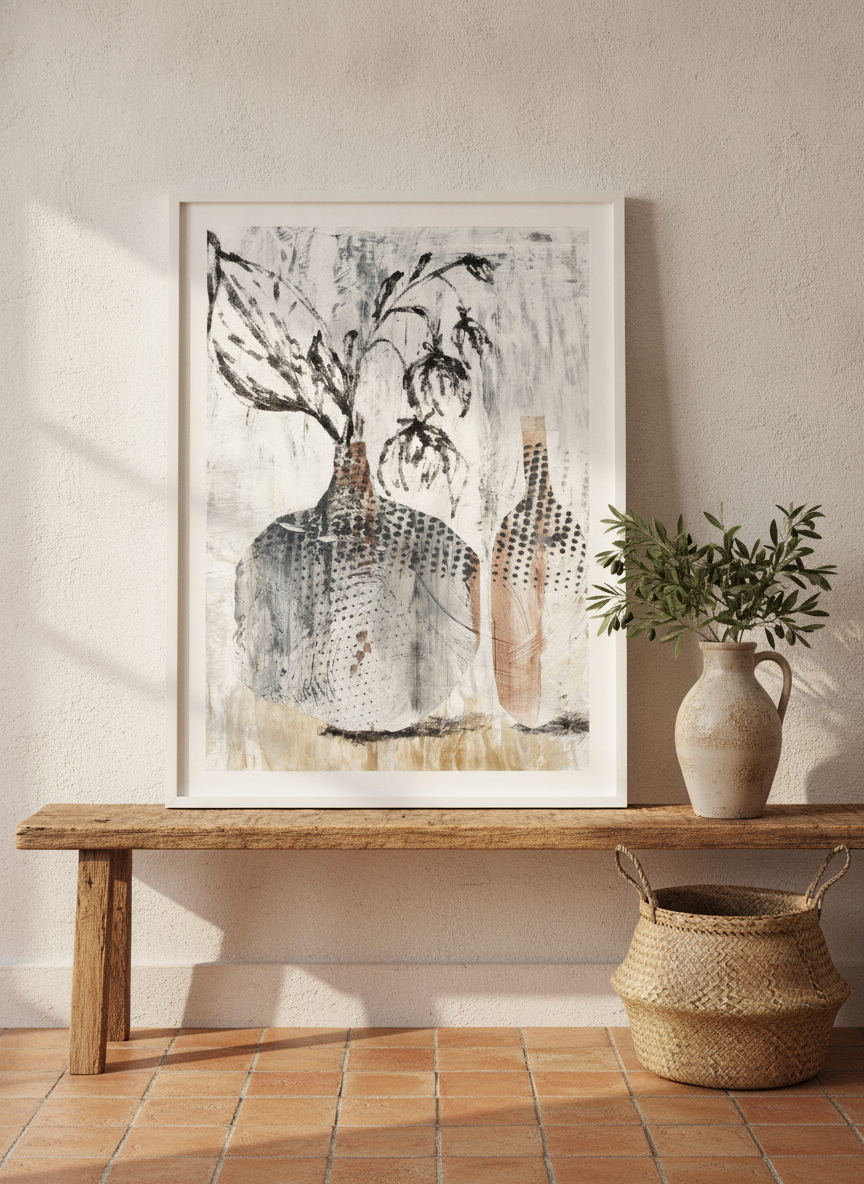 Modern wall art print standing on a bench in a Mediterranean bedroom