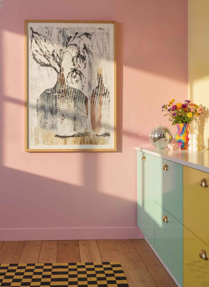Modern wall art print styled on the wall in a colourful eclectic kitchen