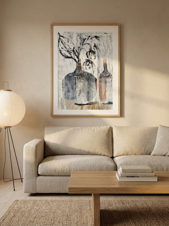 Modern wall art print styled on the wall in a warm Japandi living room