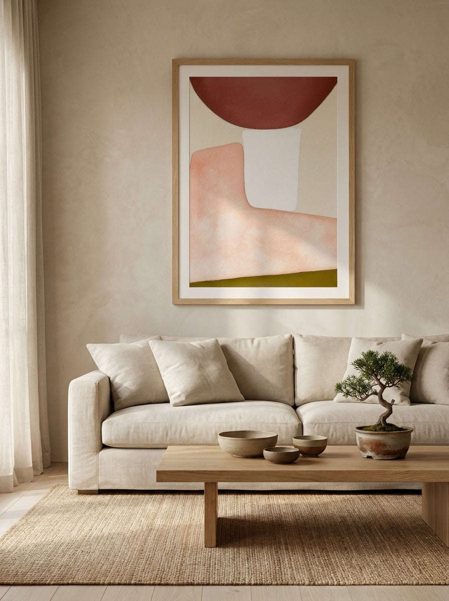 Modern wall art print styled on the wall in a warm Japandi living room