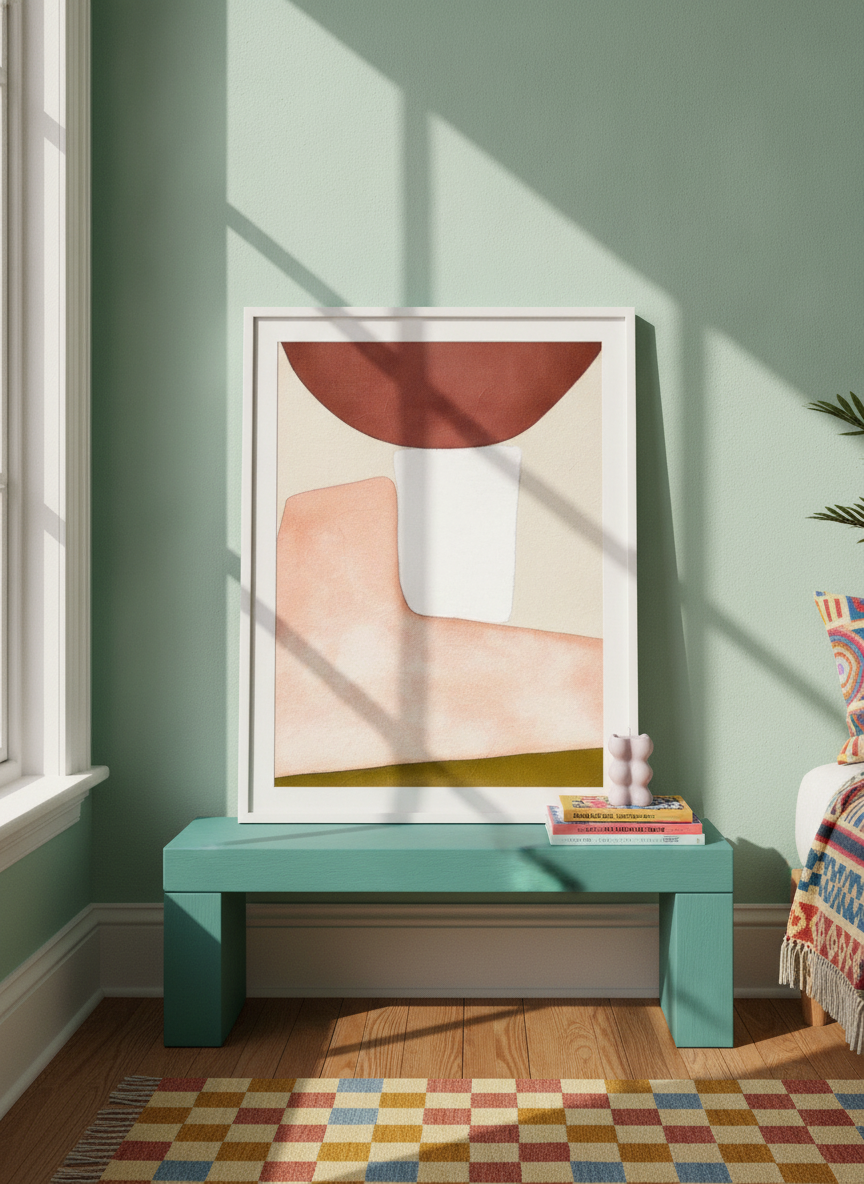 Modern wall art print standing on a side table in a colourful eclectic bedroom