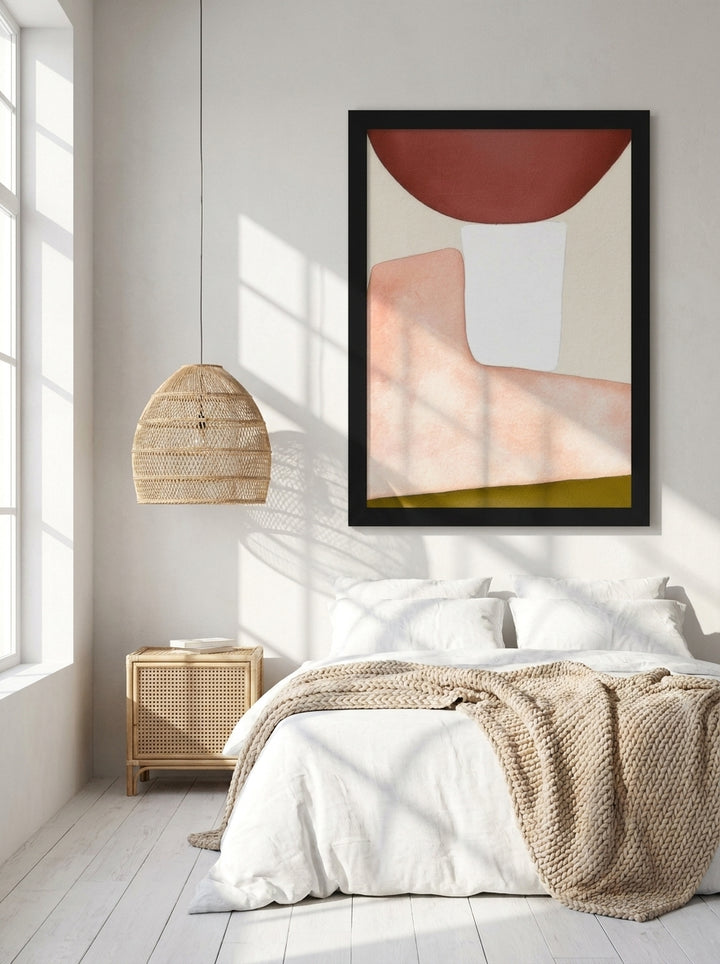Oversized statement modern wall art print styled on the wall in a bright Scandinavian bedroom