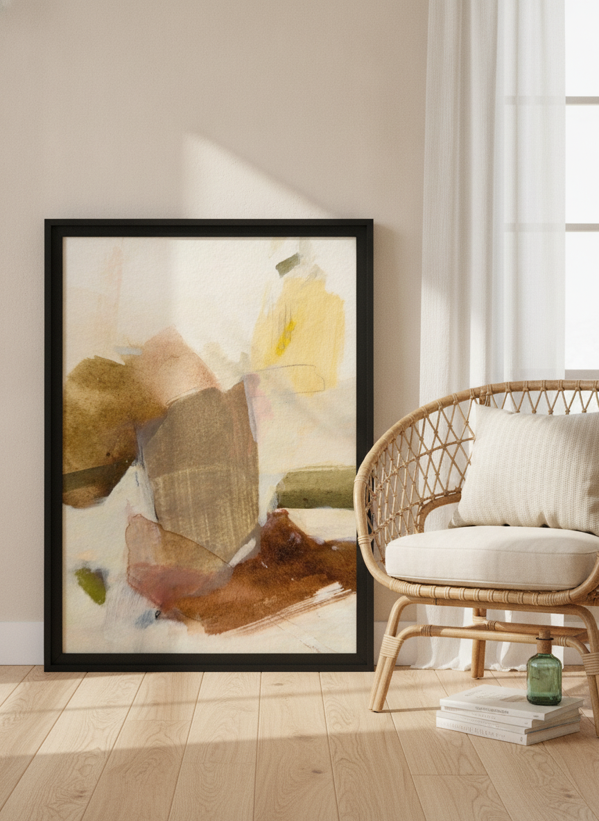 Modern wall art print leaning against the wall in a coastal living room