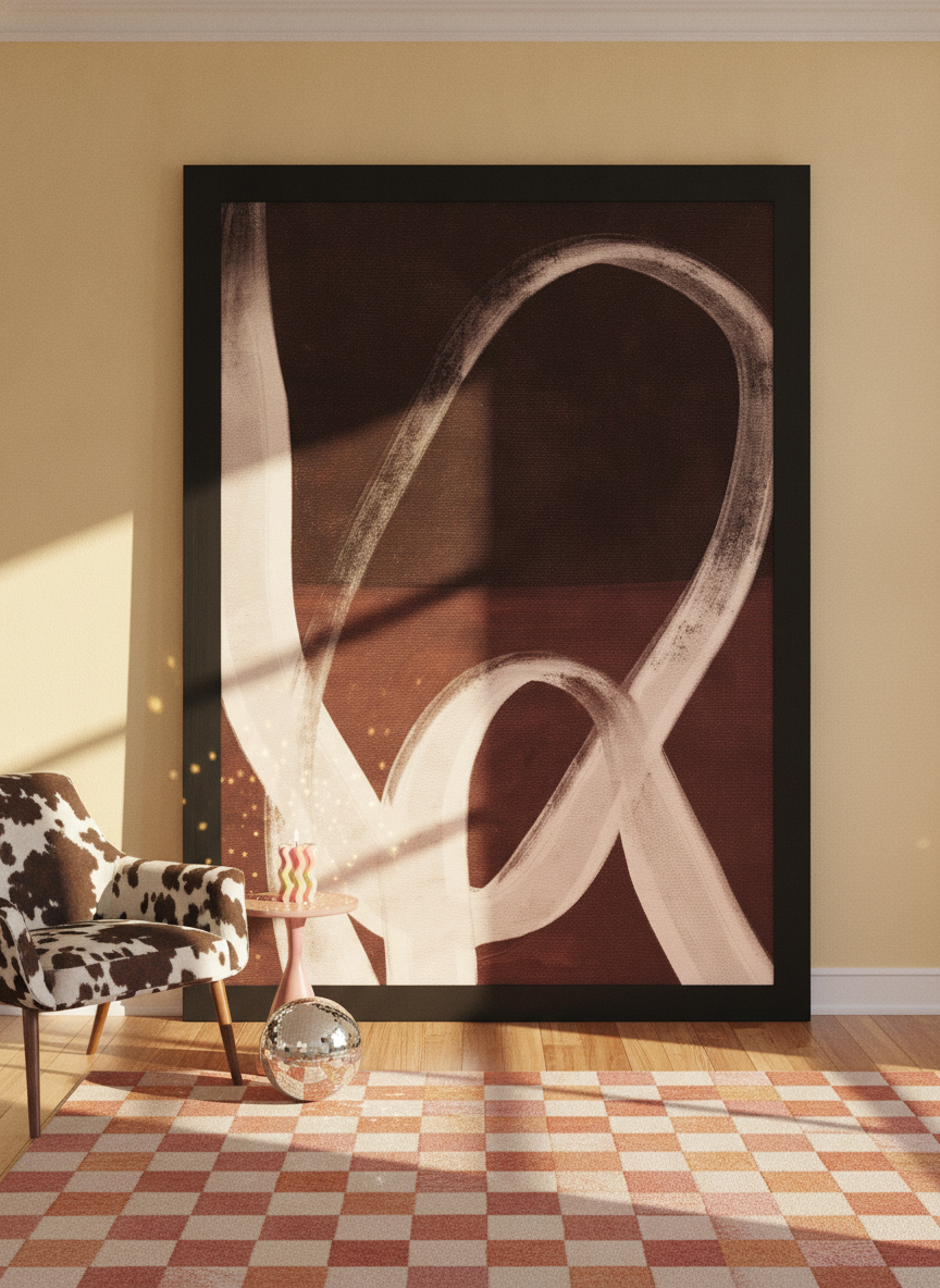 Oversized statement modern wall art print leaning against the wall in a colourful eclectic dining room