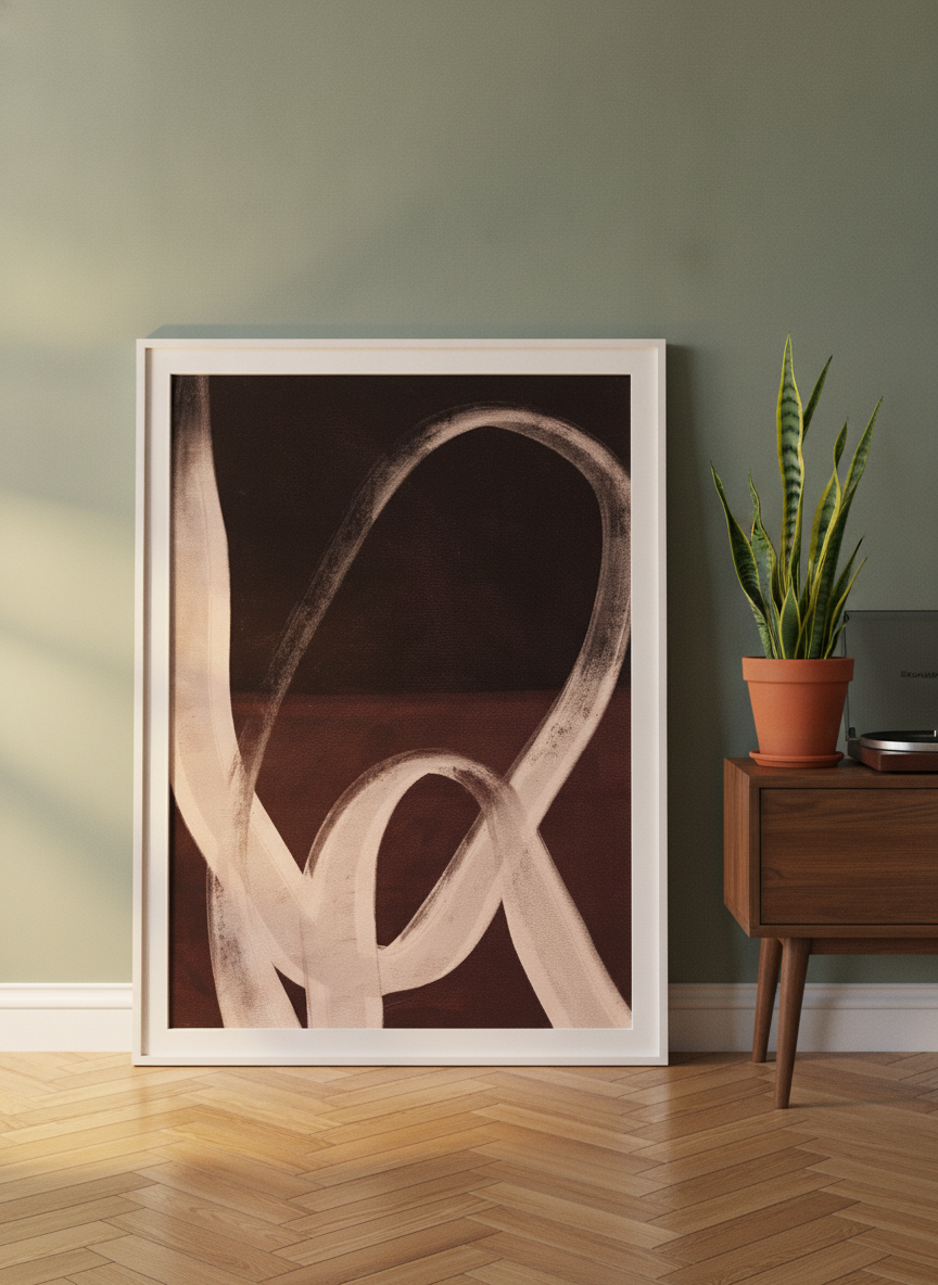 Modern wall art print leaning against the wall in a mid-century living room