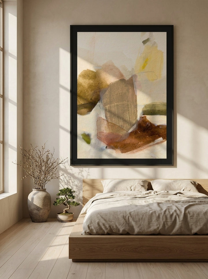 Oversized statement modern wall art print styled on the wall in a warm Japandi bedroom