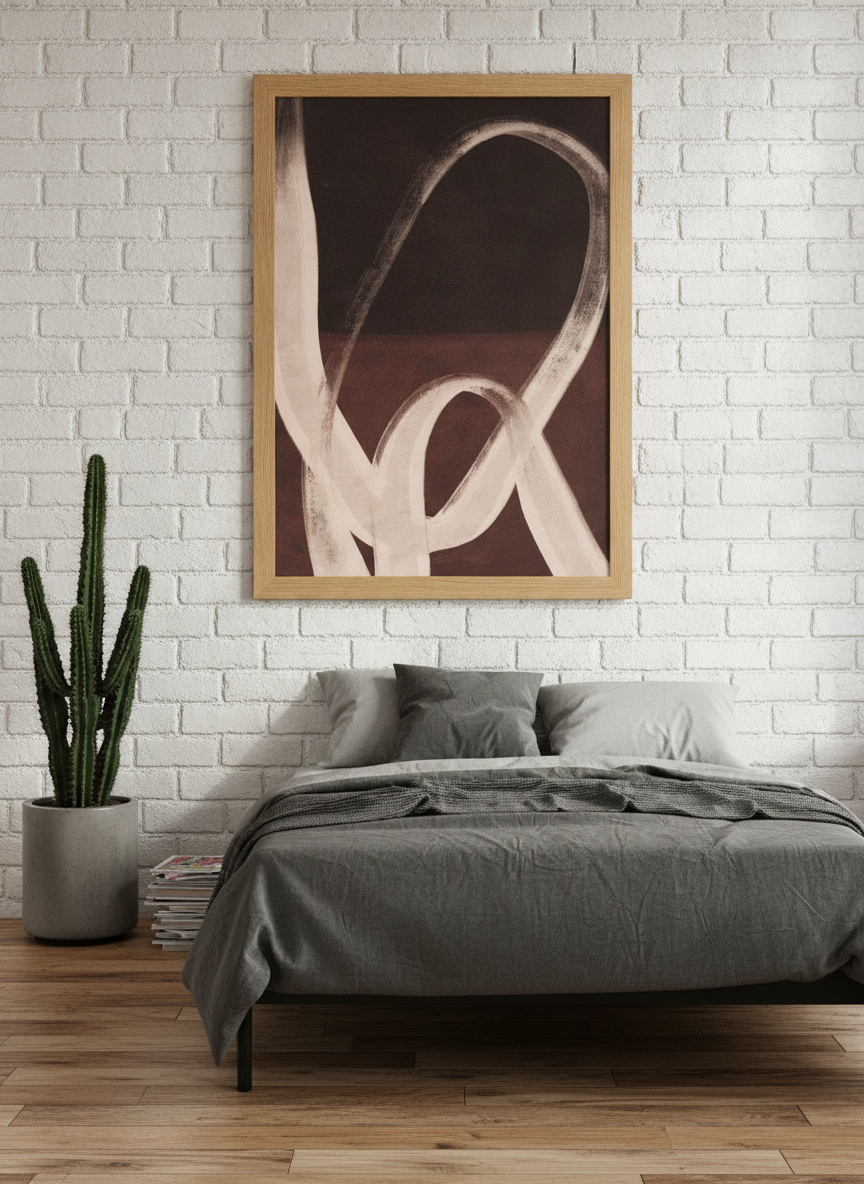 Modern wall art print styled on the wall in an industrial loft bedroom