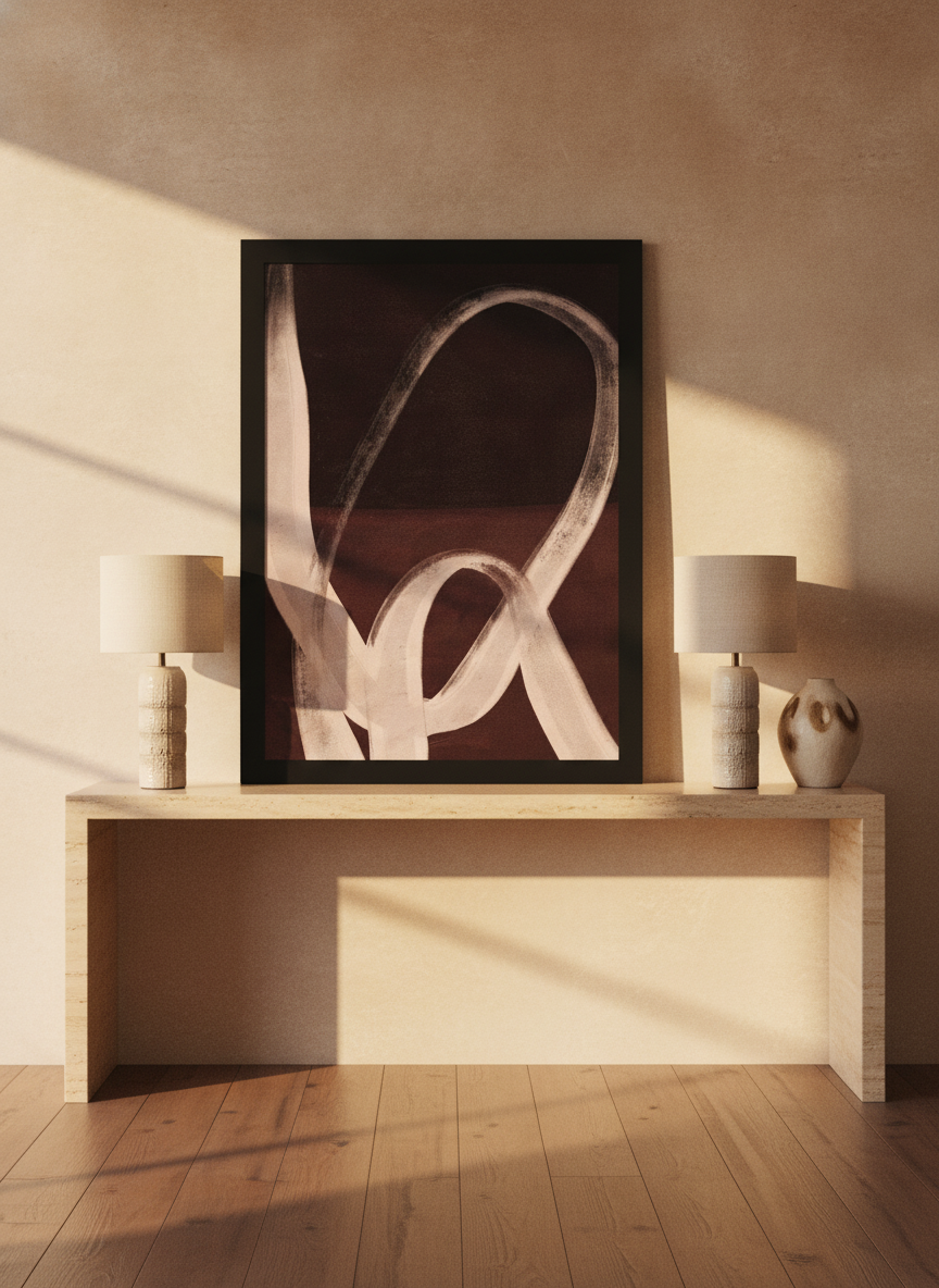 Modern wall art print standing on a console in a luxe home office