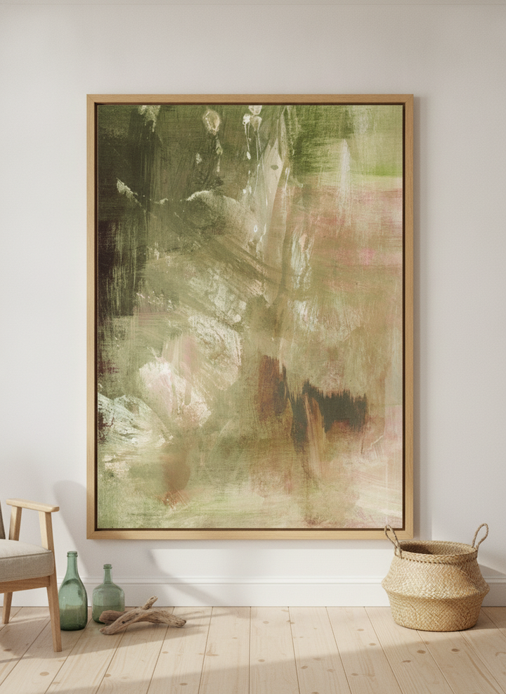 Oversized statement modern wall art print leaning against the wall in a coastal dining room