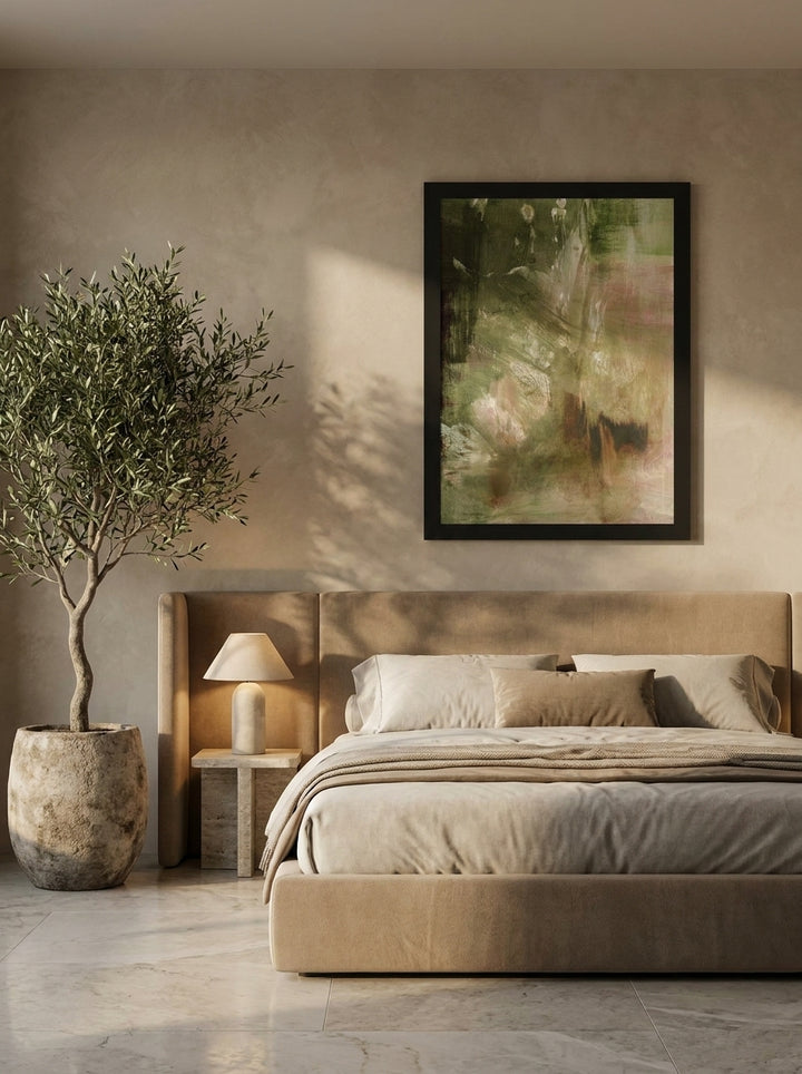 Modern wall art print styled on the wall in a luxe bedroom