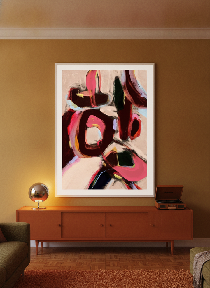 Oversized statement modern wall art print styled on the wall in a retro 70s living room