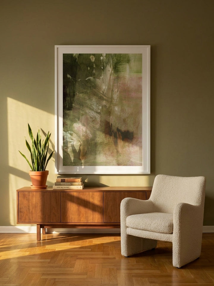 Oversized statement modern wall art print styled on the wall in a mid-century living room