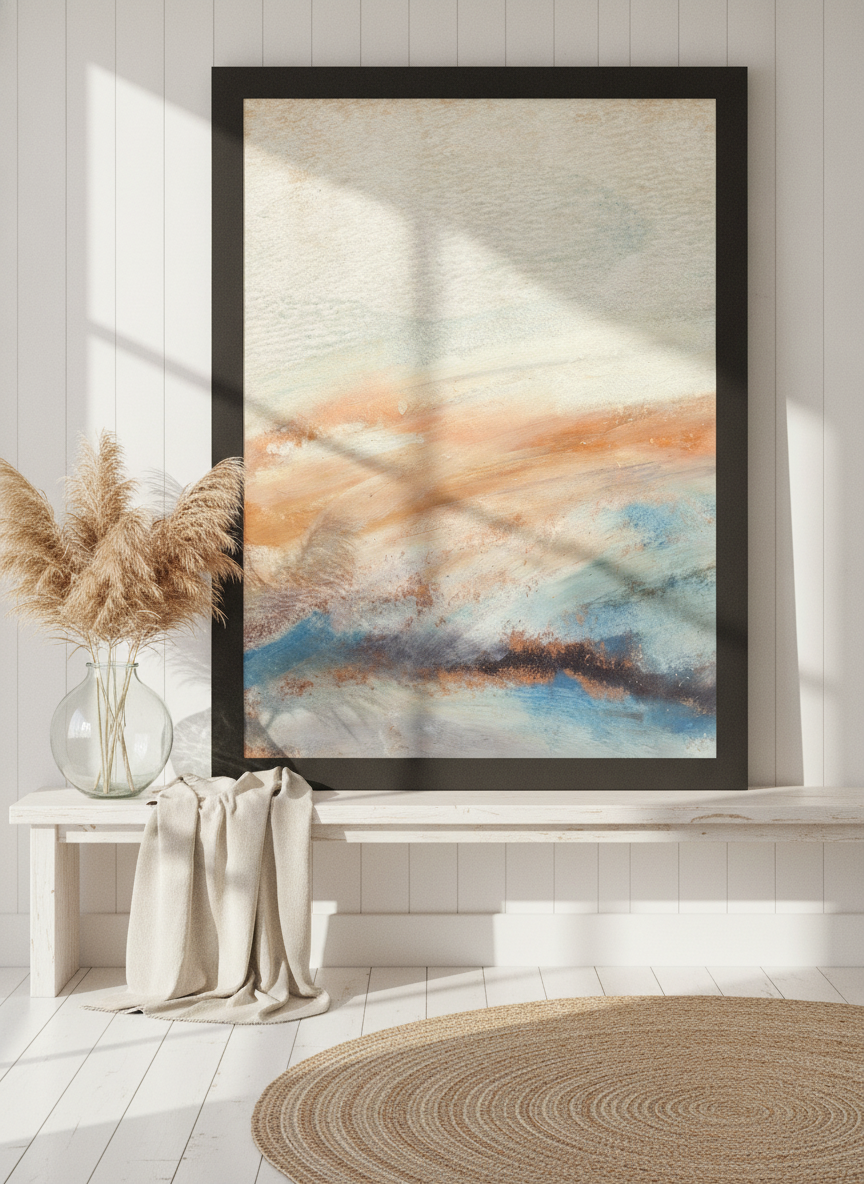 Modern wall art print standing on a console in a coastal bedroom