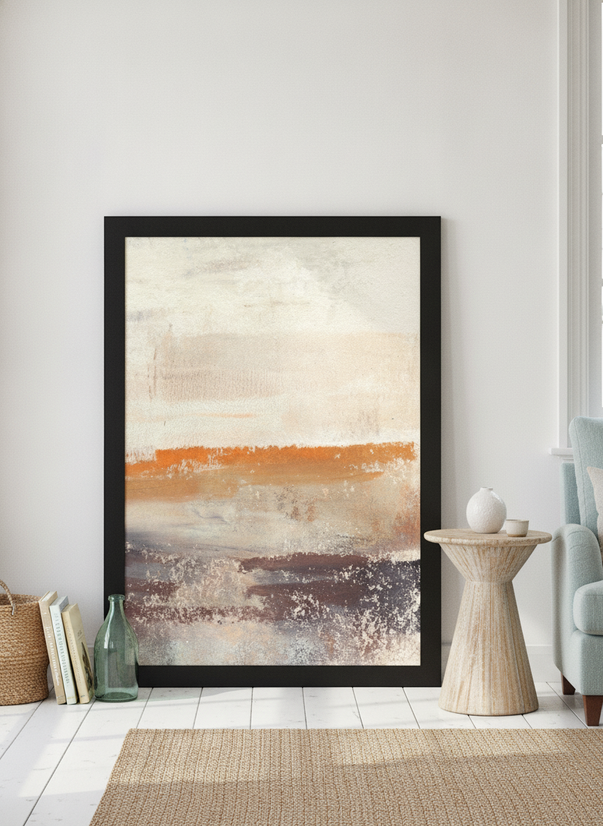 Modern wall art print leaning against the wall in a coastal living room