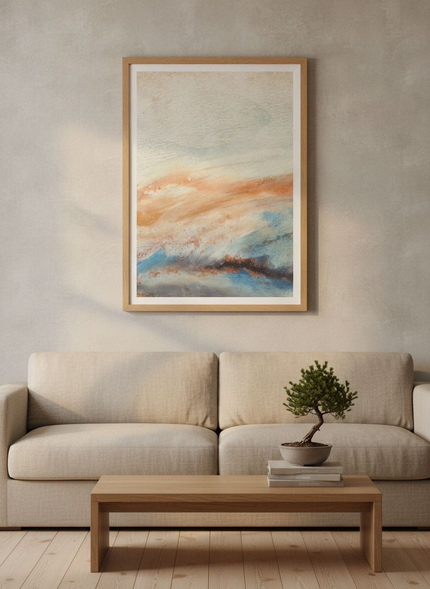 Modern wall art print styled on the wall in a warm Japandi living room