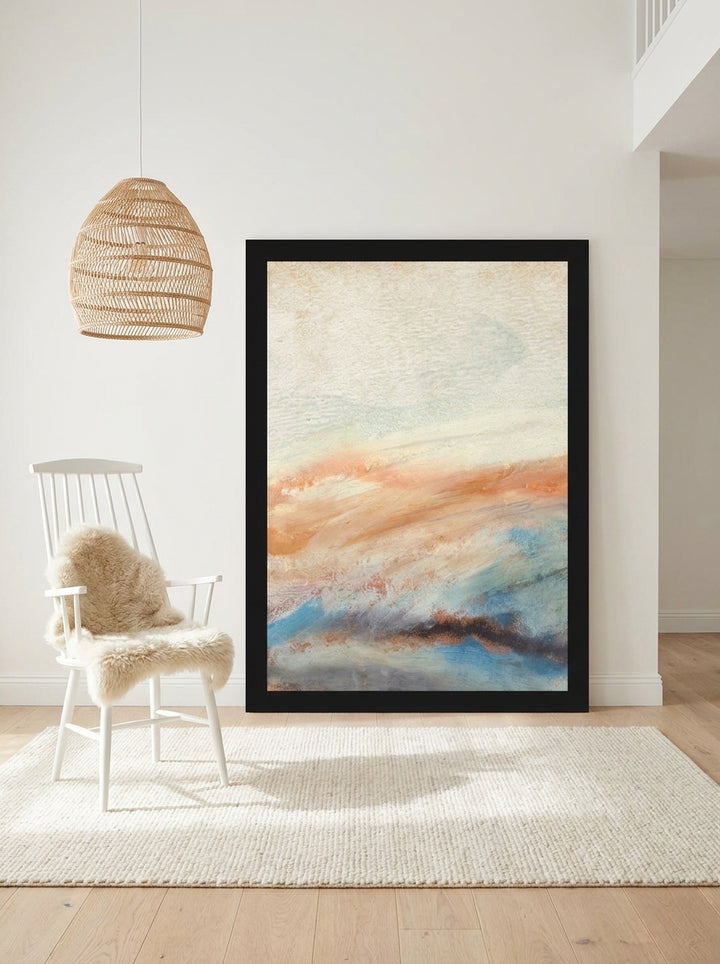 Oversized statement modern wall art print leaning against the wall in a bright Scandinavian dining room