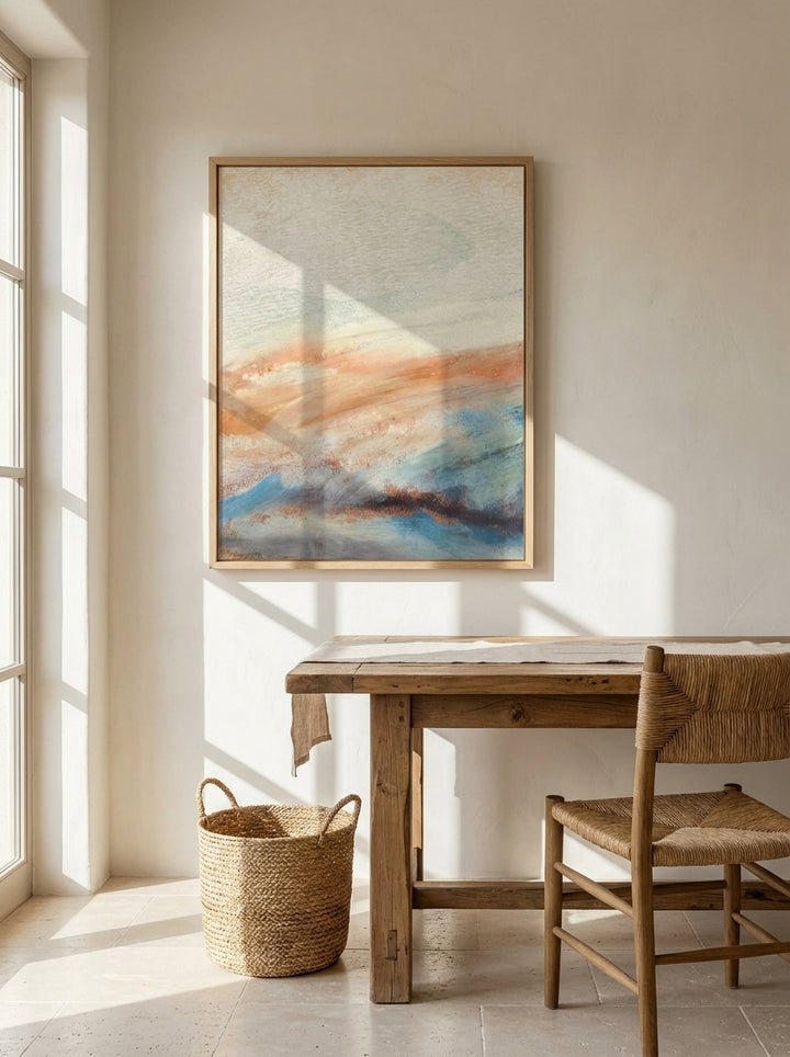 Modern wall art print styled on the wall in a Mediterranean home office