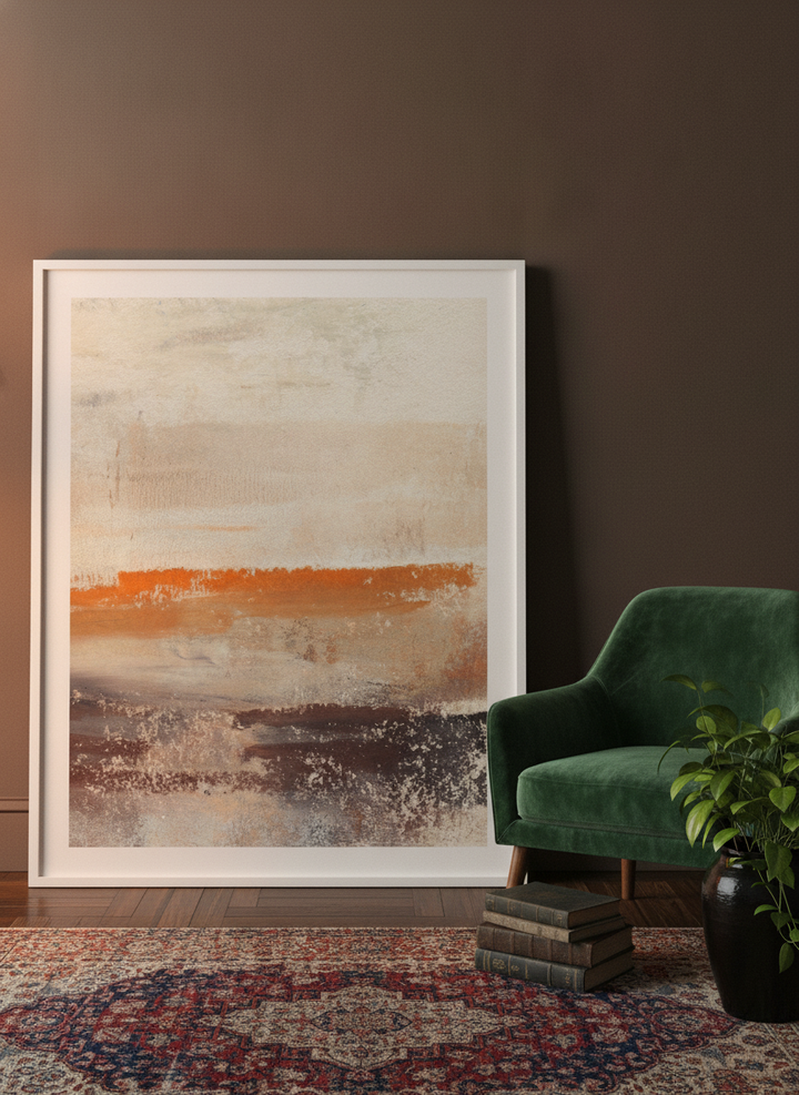 Modern wall art print leaning against the wall in a moody bedroom
