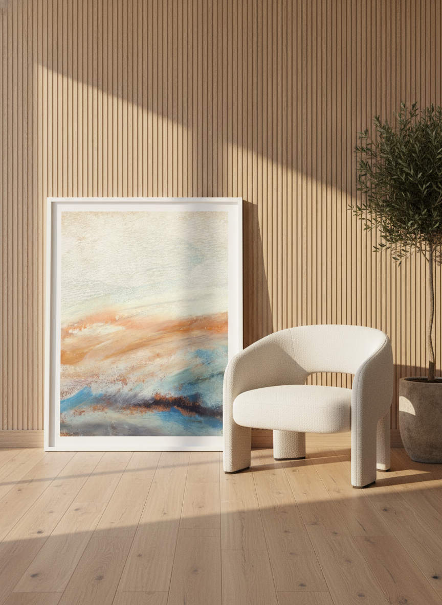 Modern wall art print leaning against the wall in a luxe living room