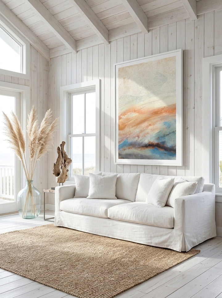 Oversized statement modern wall art print styled on the wall in a coastal living room