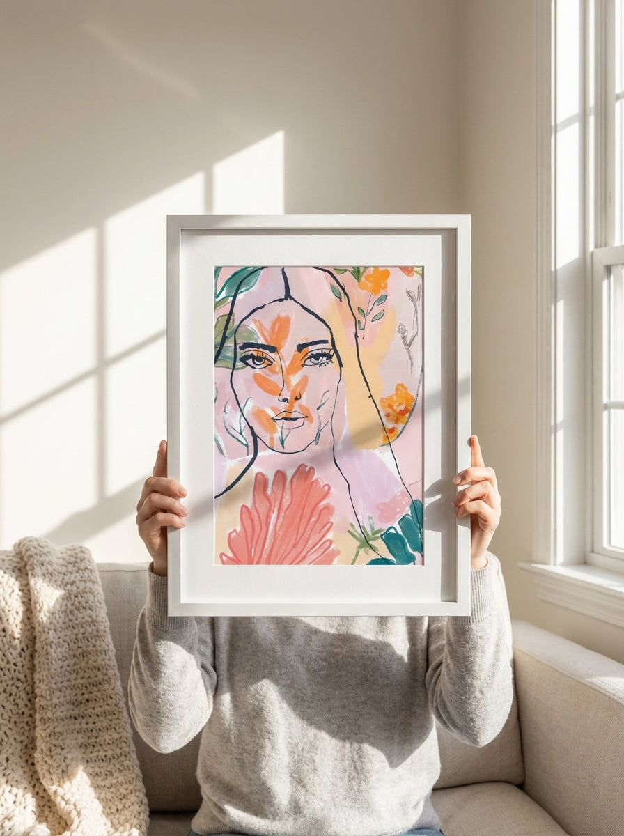 Person holding modern wall art print in a bright Scandinavian living room