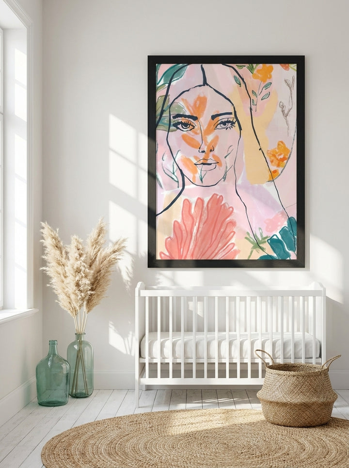 Oversized statement modern wall art print styled on the wall in a coastal nursery