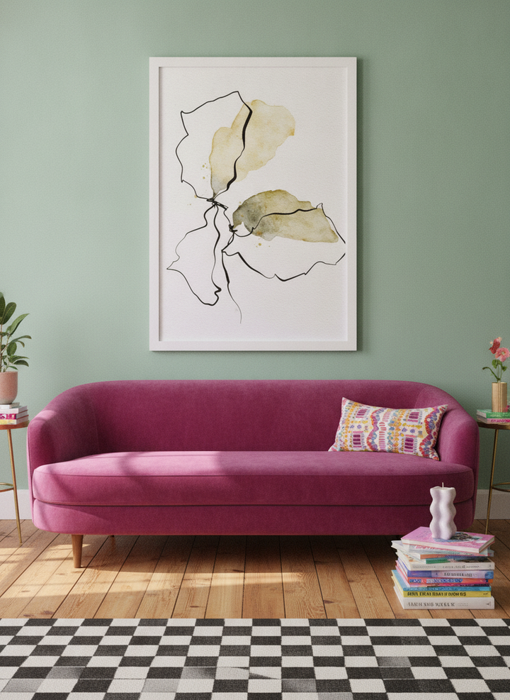 Modern wall art print styled on the wall in a colourful eclectic living room