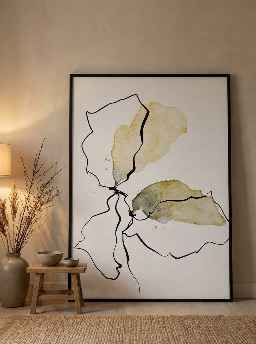 Oversized statement modern wall art print leaning against the wall in a warm Japandi bedroom