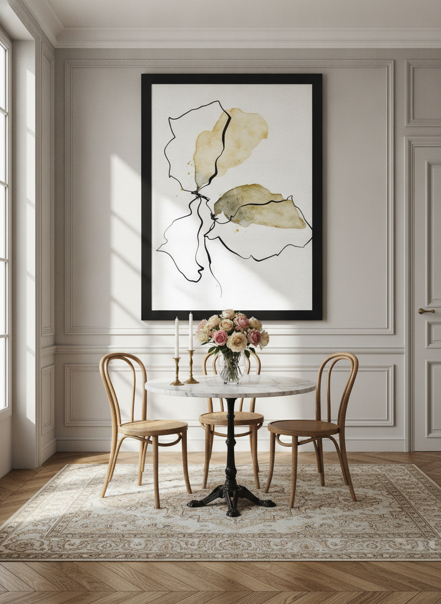 Oversized statement modern wall art print styled on the wall in a Parisian dining room