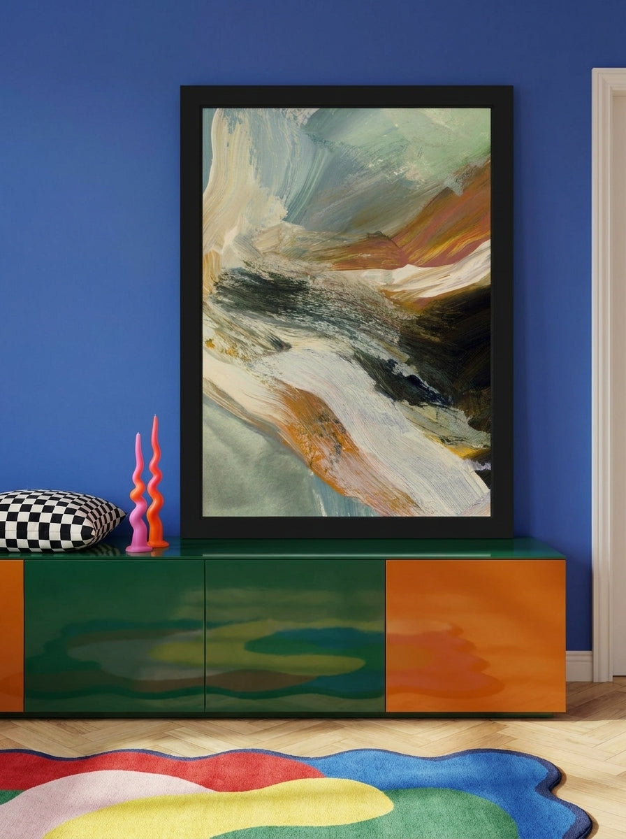 Modern wall art print standing on a sideboard in a colourful eclectic dining room