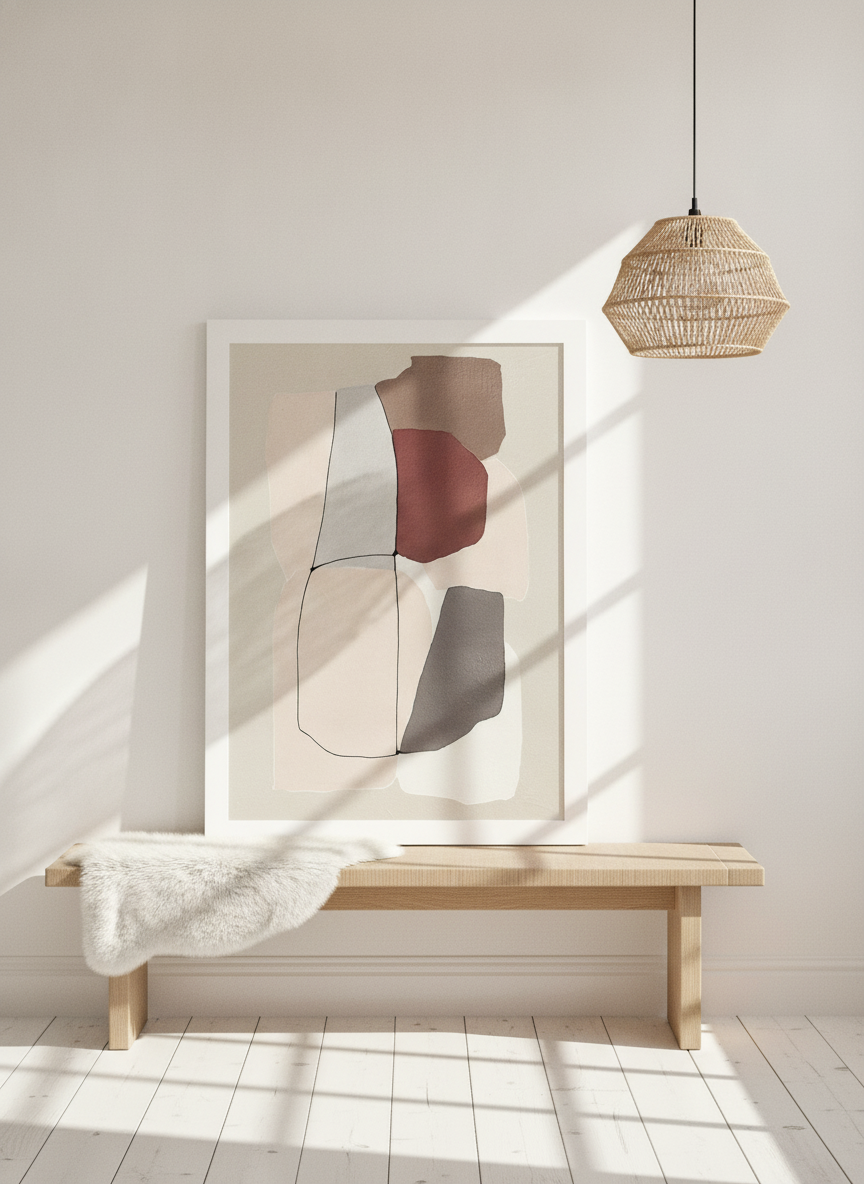 Modern wall art print standing on a bench in a bright Scandinavian home office