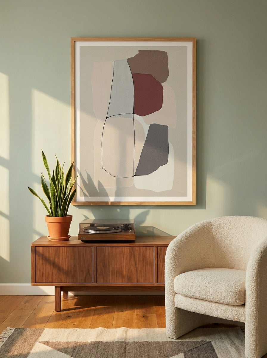 Modern wall art print styled on the wall in a mid-century living room
