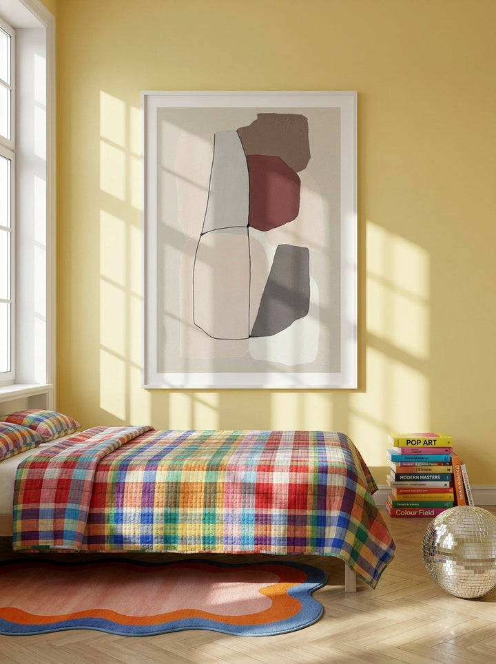 Modern wall art print styled on the wall in a colourful eclectic bedroom