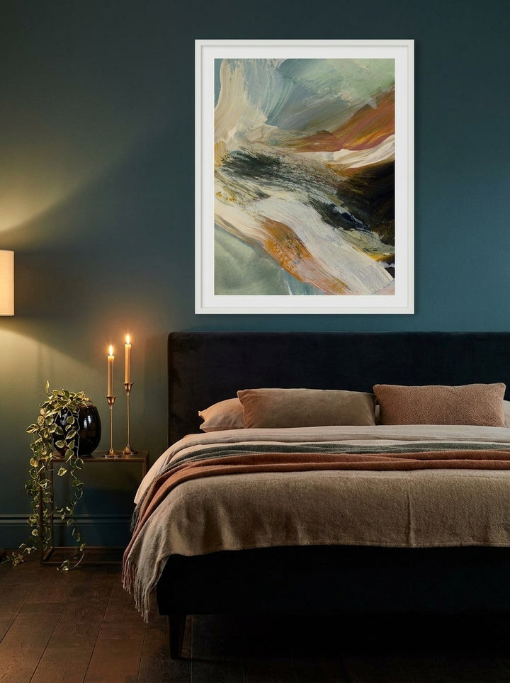 Modern wall art print styled on the wall in a moody bedroom