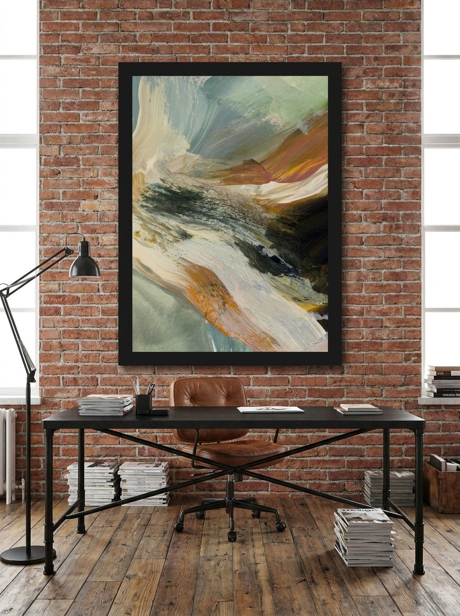 Modern wall art print styled on the wall in an industrial loft home office