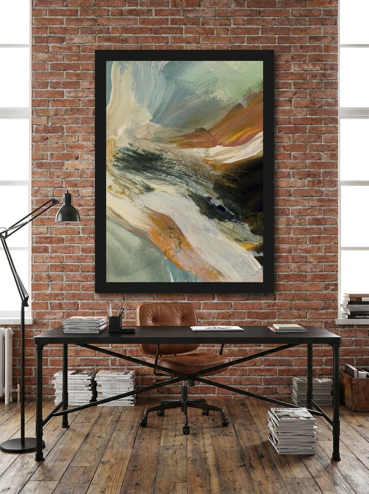Modern wall art print styled on the wall in an industrial loft home office